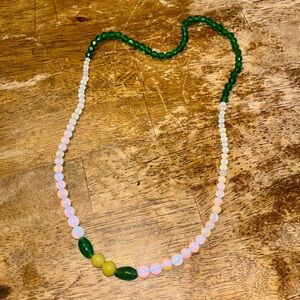 1920s Art Deco opalite emerald green crystal glass flapper necklace